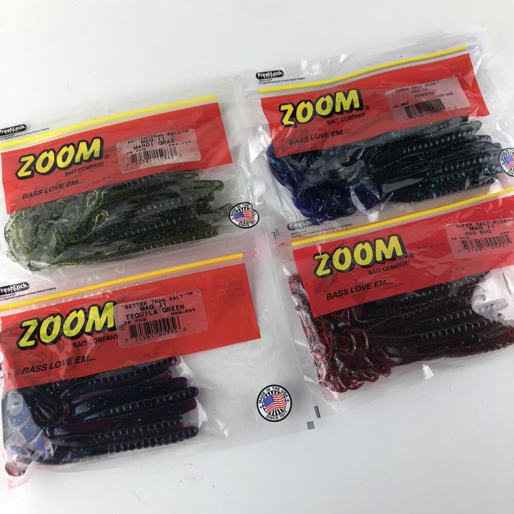 Zoom Bait Company Worms lot of 4 mardi gras tequila green red rug junebug